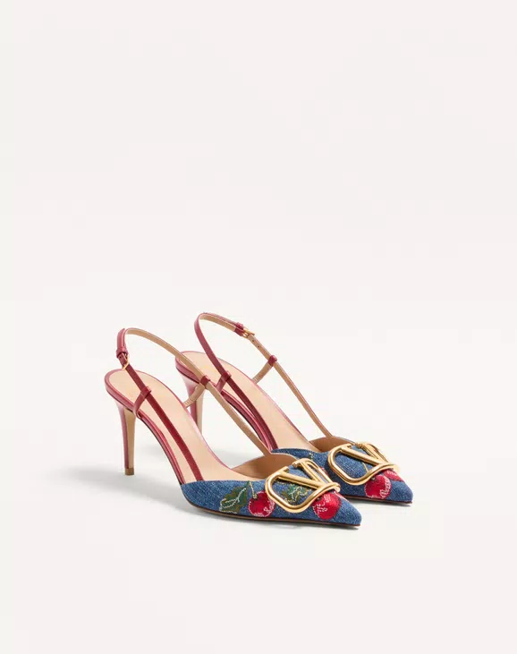 Valentino Vlogo Signature Slingback Pumps In Denim With Cherryfic Embroidery 80Mm - Image 6